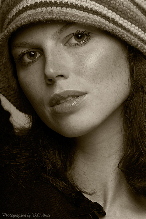 Do you believe? | woman, freckles, sepia, hat