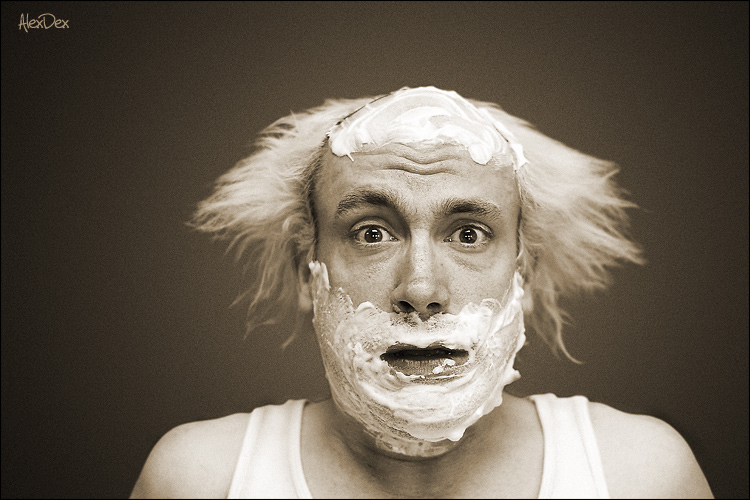 Got shaving cream? | male, emotion, sepia
