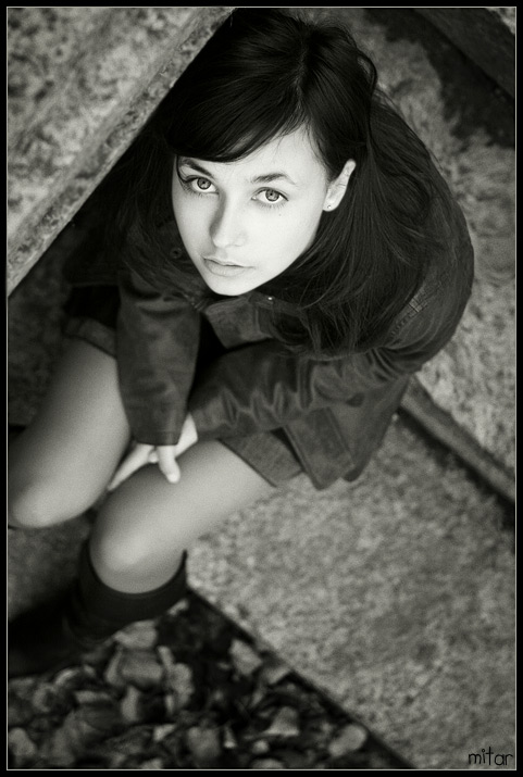 Steps | woman, black and white, brunette