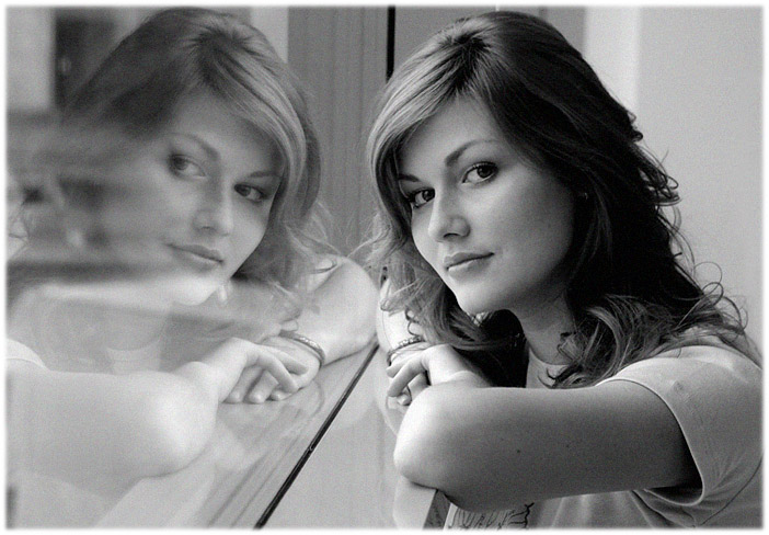 By the window | woman, black and white, curls, reflection