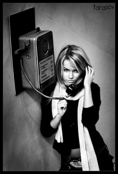Telephone | woman, black and white, scarf