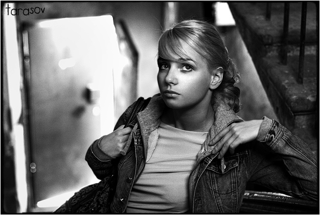 Staircase | woman, black and white, blonde, braids