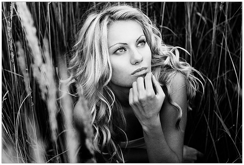 In the rye | woman, black and white, nature, blonde