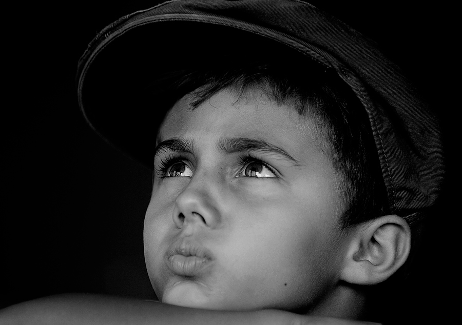 Son | black and white, emotion, child, hat