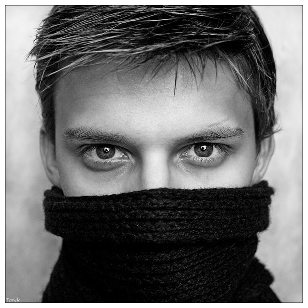Eyes | male, black and white, scarf