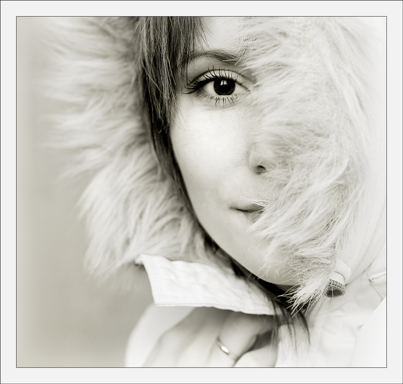 Self portrait, with black eyes | high key, black and white, woman, fur