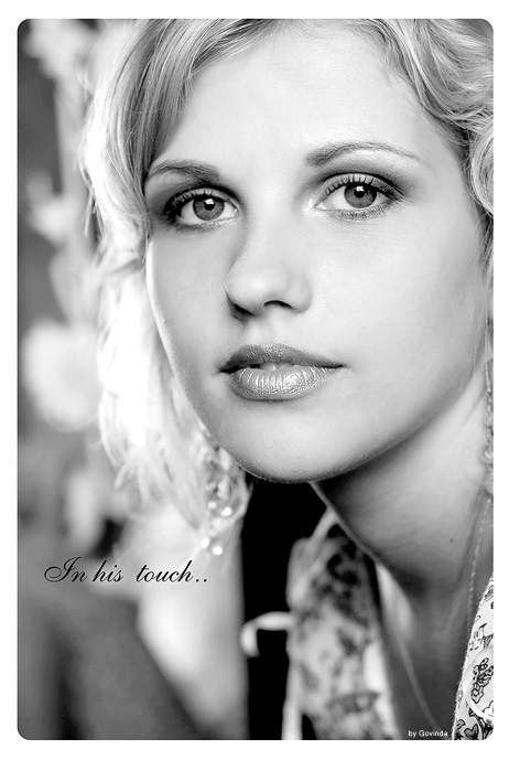 In his touch... | black and white, woman, blonde, curls, high key