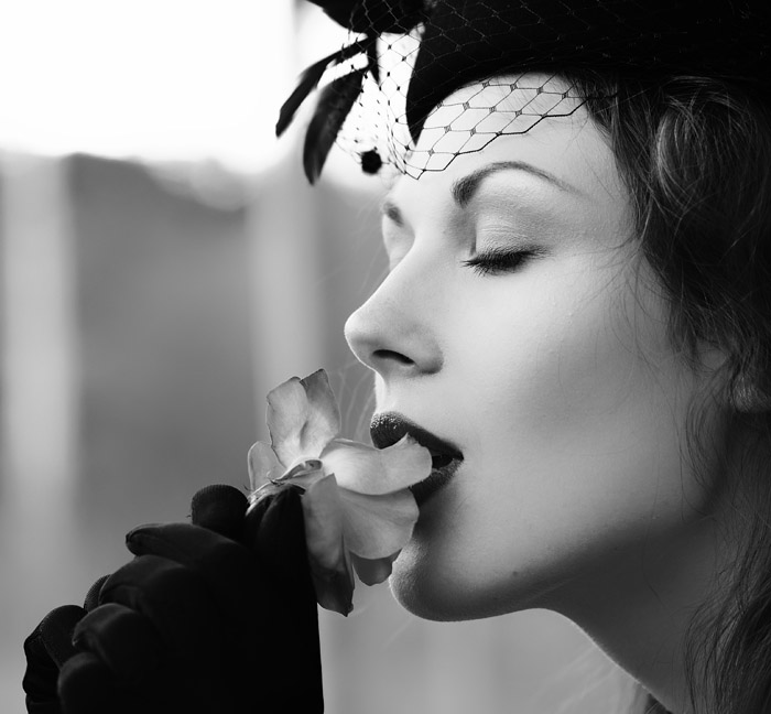 Stranger | woman, black and white, flower, veil, gloves