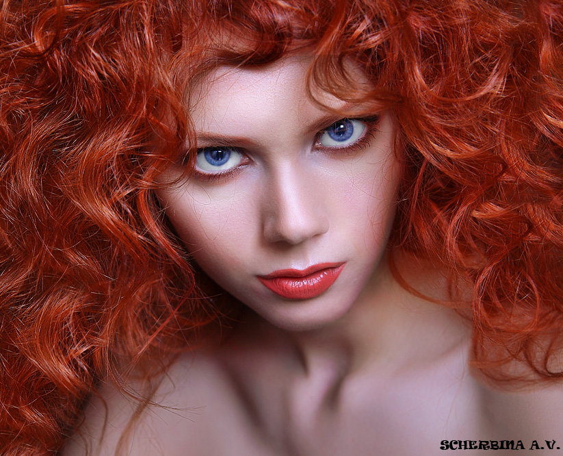 Fiery Lilith | blue eyes, close-up, saturation, redhead, curls