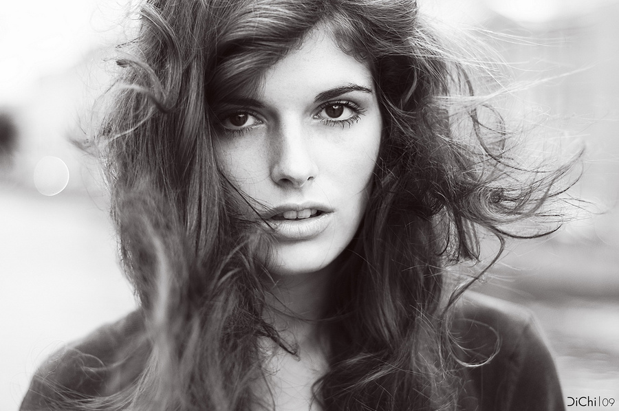 Wind | brunette, hair, curls, nature, black and white