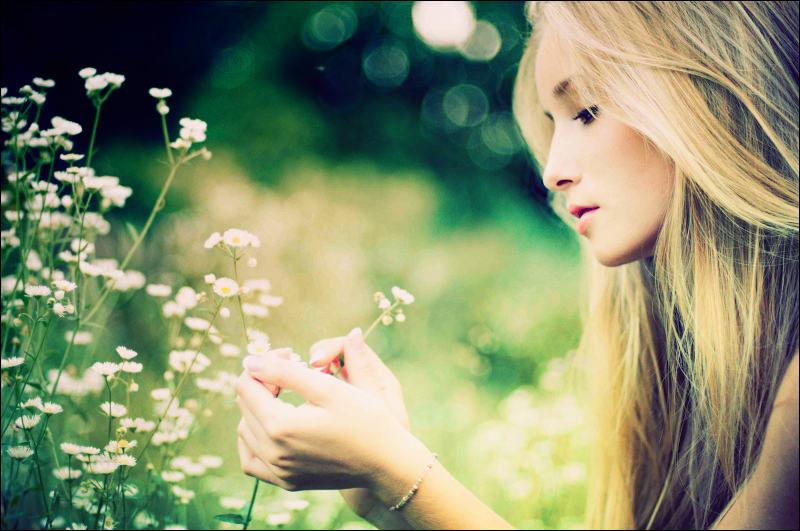 Telling fortune on daisies | blonde, nature, sideview, flower