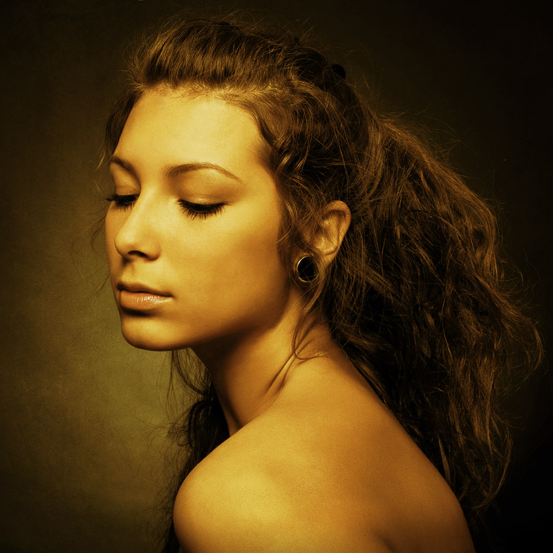 Gold and bronze | long hair, half-turn, sepia