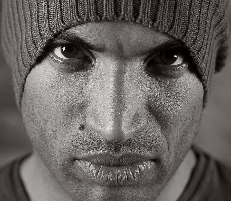 Man's face | stare, close-up, male, black and white, hat