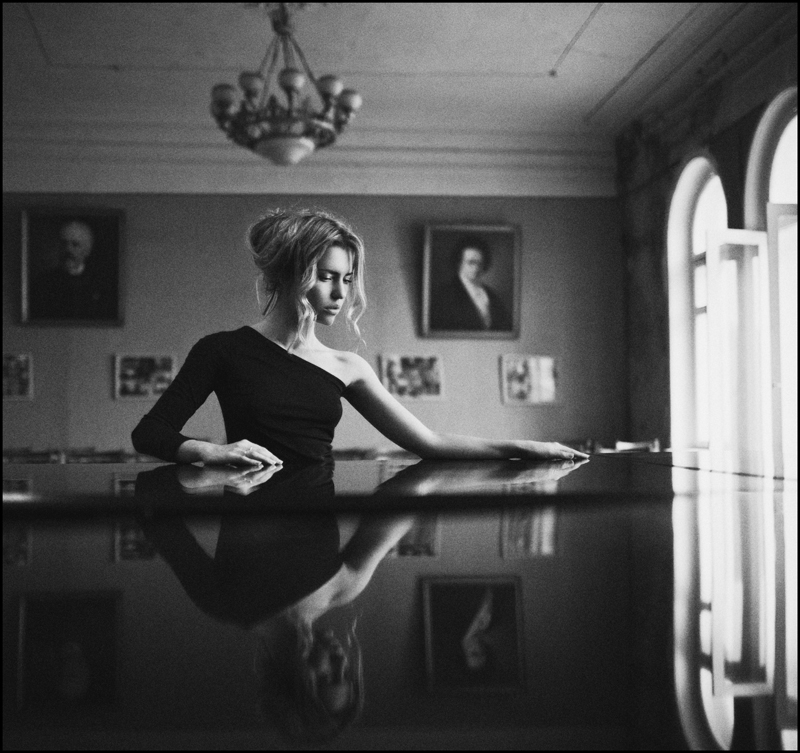 Charm | blonde, reflection, dress, shoulder, black and white