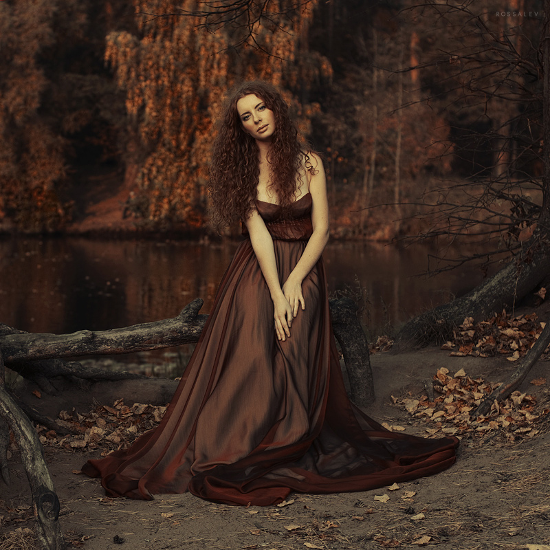 Autumn flowering | long hair, curls, dress, shoulder, nature, sepia