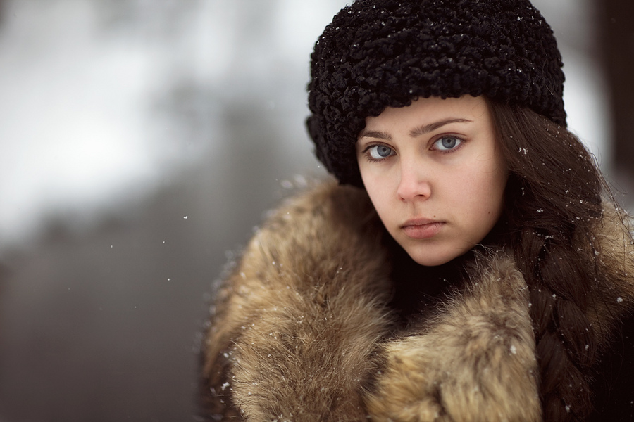 Retro portrait | long hair, braids, snow, winter