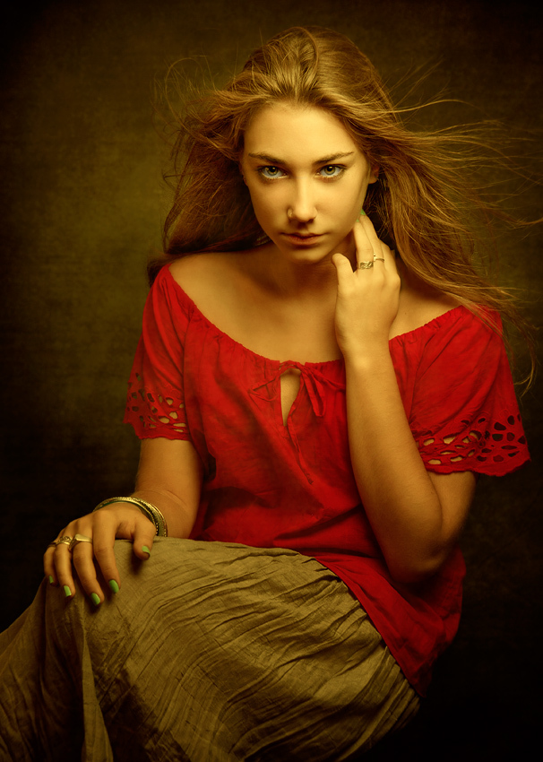 Girl in red shirt | red shirt, girl, sitting on a chair