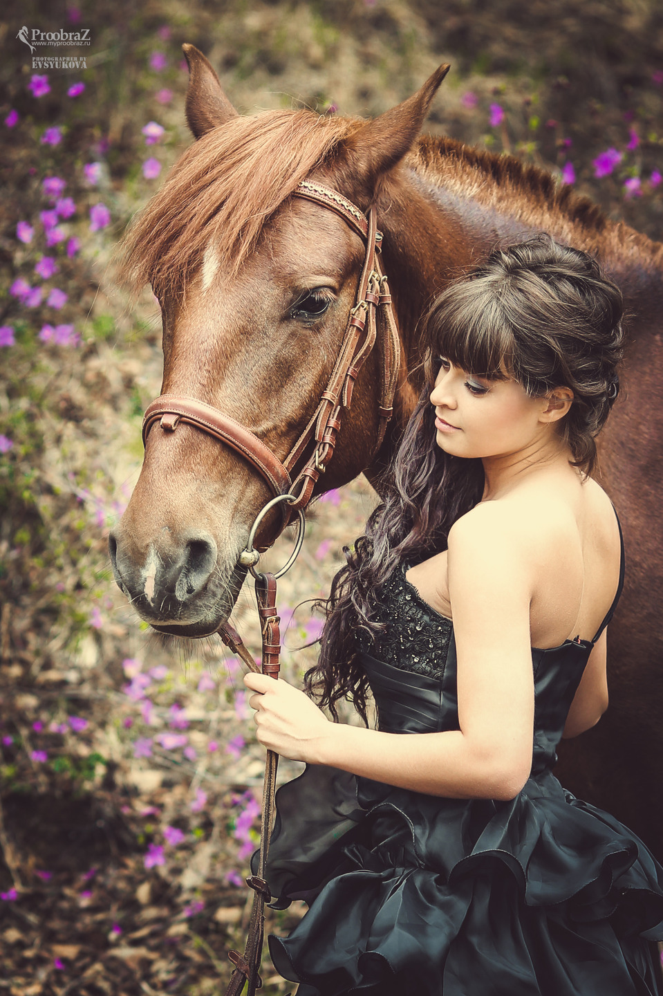 Girl with a horse | girl, horse, black dress, garden