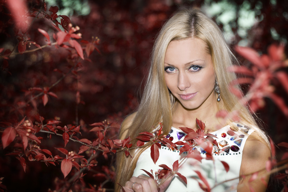 Wish you were here | Girl, blue eyes, red flovers, white dress