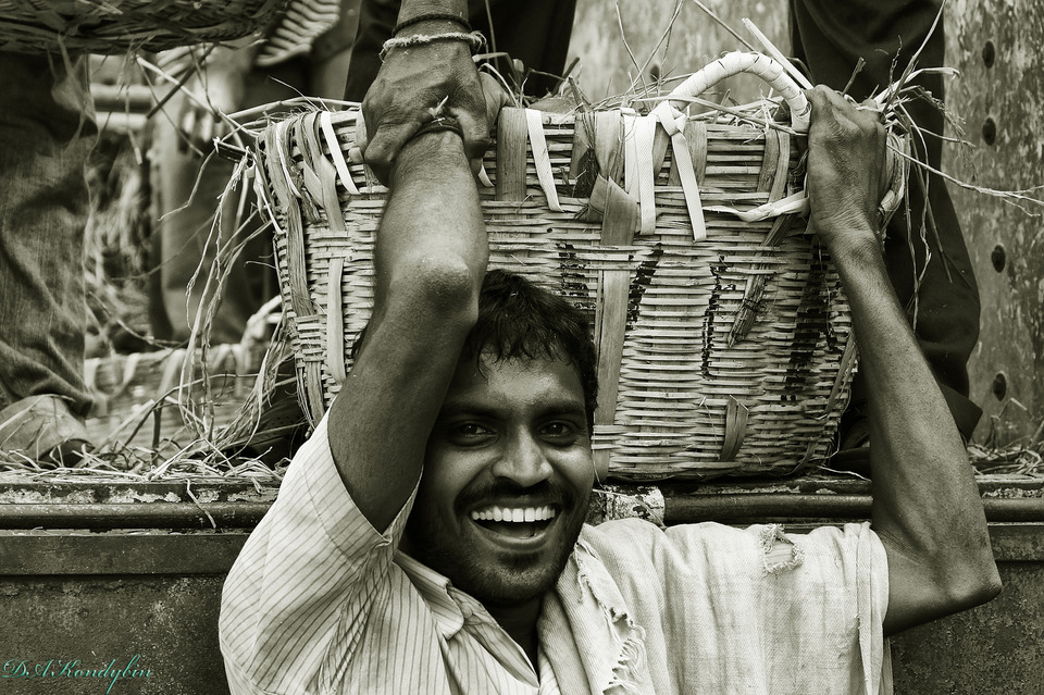 Happy porter | porter, man, basket, black & white