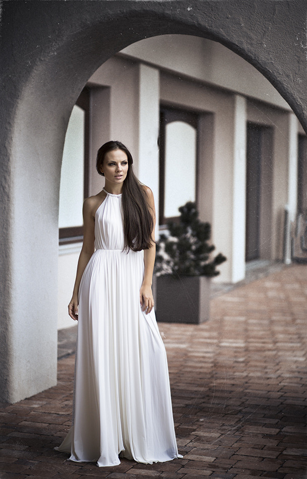 Model wears long white dress | long white , model, photo shoot, arch