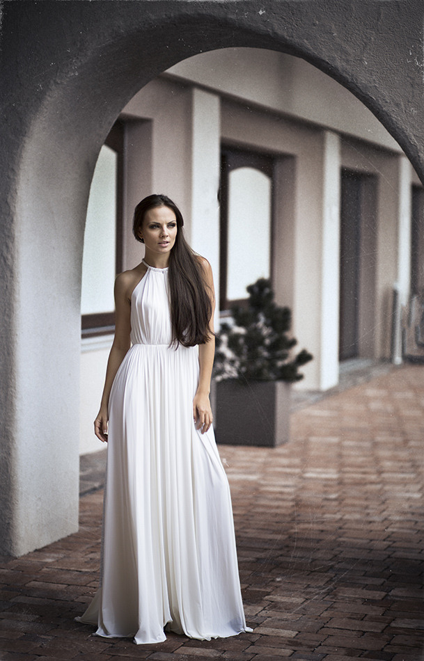 Model wears long white dress Portrait photos