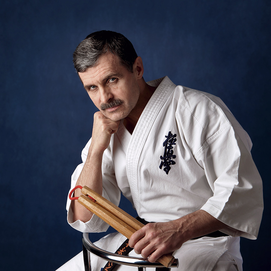 Karate master | karate, nunchucks, black background, kimono