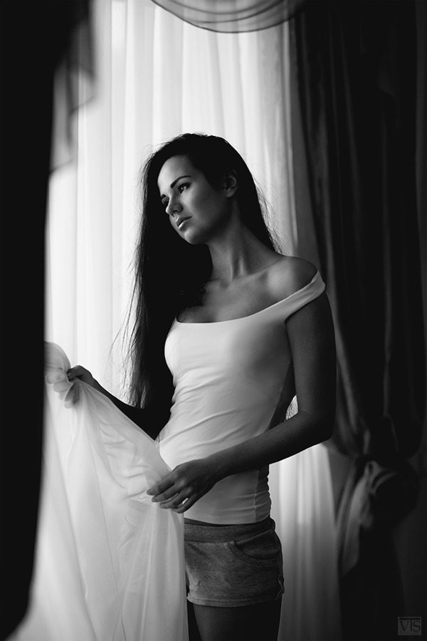 Amazing girl by the window | pretty girl, black & white, curtain, thin figure