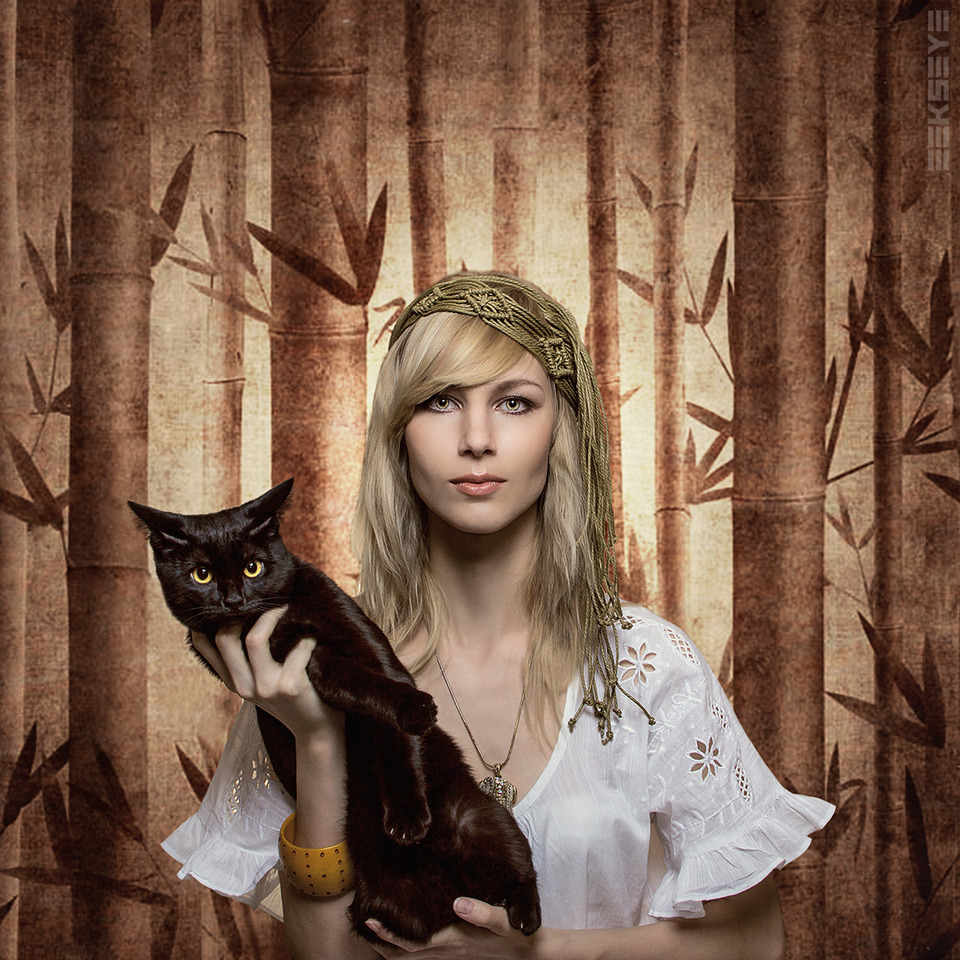 Girl with black cat | girl, white dress, black cat, long-haired