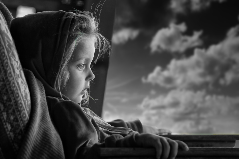 Child travels alone | black and white, child, bus, sky