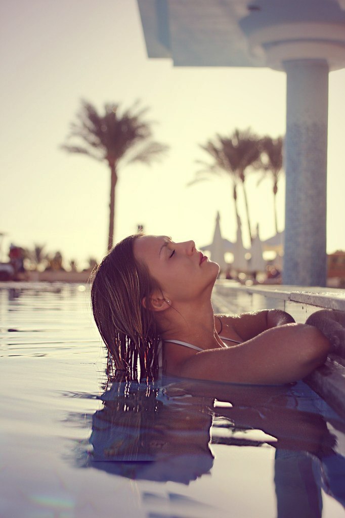 In the swimming pool | swimming pool, wet model, water, palm