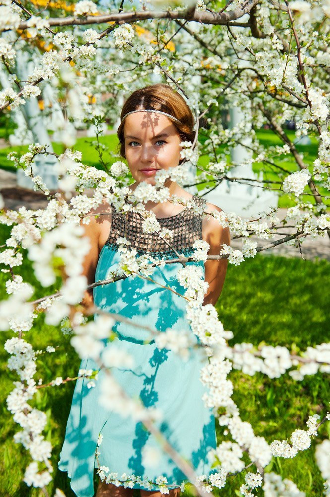 Peace | Cherry, bloom, villiage girl, blue dress