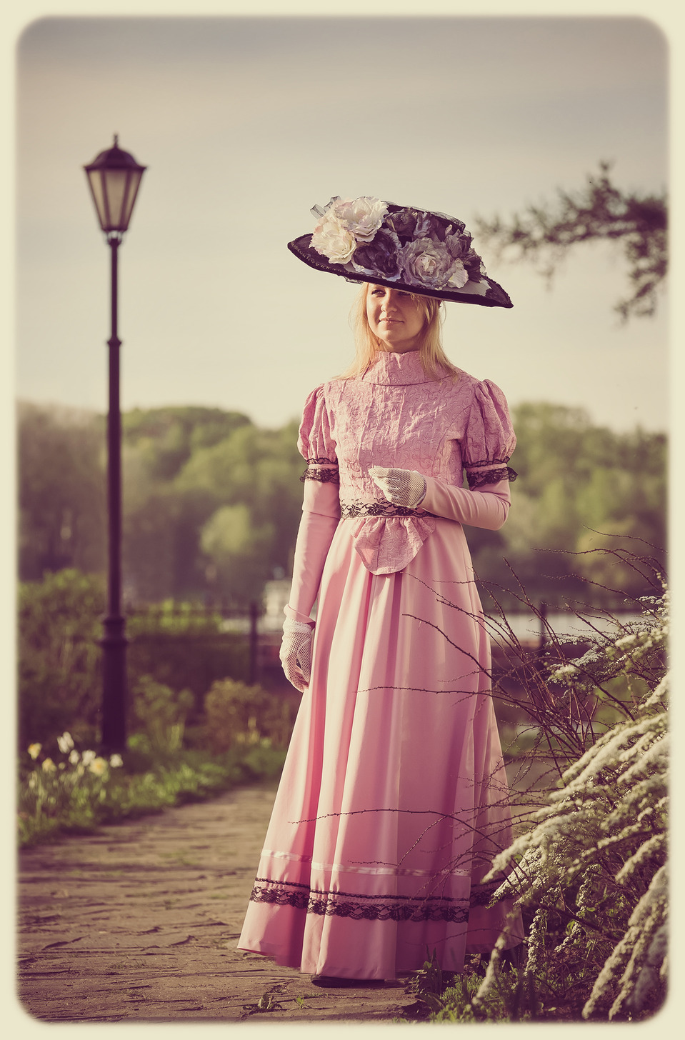 Girl in old fasioned dress | old fasioned, girl, pink dress, sidewalk