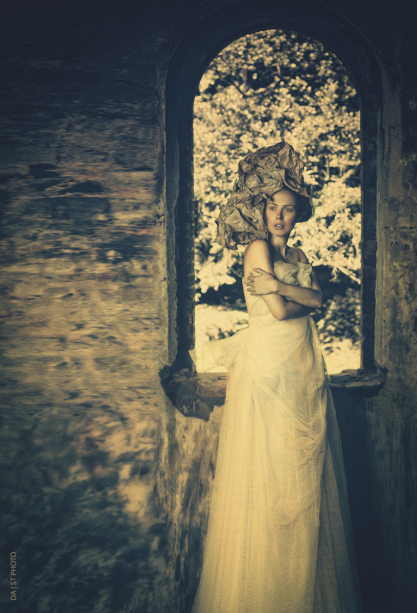 Woman on the castle | castle, wedding gown, window, brickwall