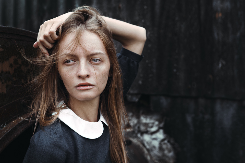 long-haired  girl without make-up | portrait photograph, model, girl, natural , long-haired , dress     , white collar, thin, without make-up, pale