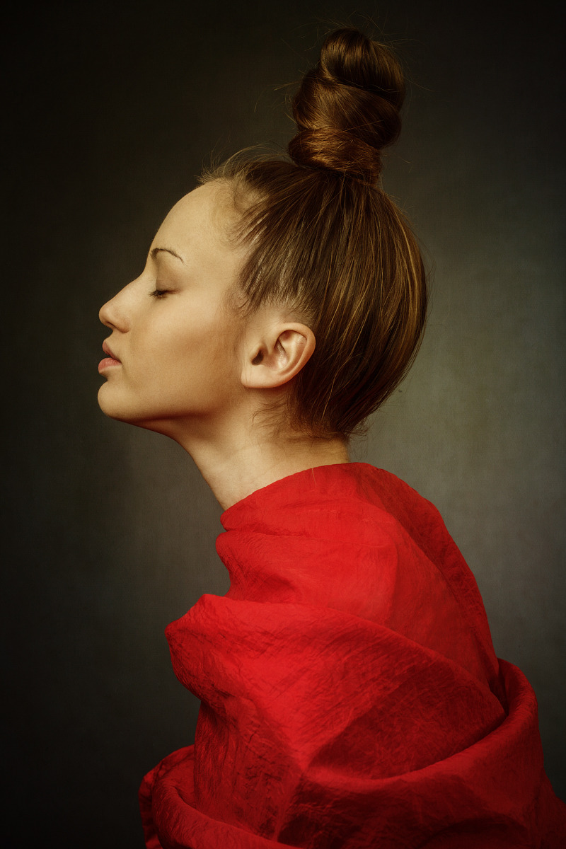 Portrait of a girl in red fabric | portrait, model, girl, closed eyes, light-brown hair, lock , red fabric, bare-faced, grey background, half face