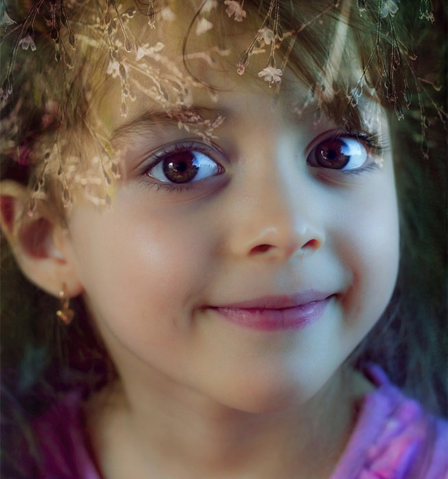 Little girl with a charming smile | portrait, model, girl, sparkling eyes, charming smile, face, big eyes, brown, little, flowers