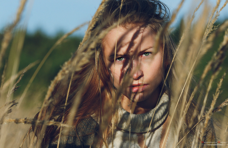 Portrait of a pretty girl in a field | portrait, pretty, girl, long hair, natural, green eyes, shade, bare-faced, field, grass