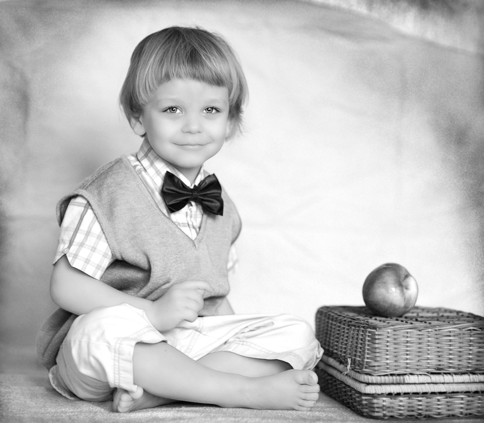 Cute little boy | portrait, model, child, boy, bow tie, apple, smile, basket, vest