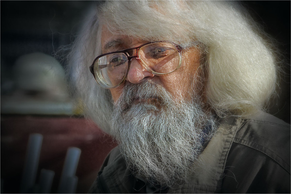 Old thinking man with gray hair | portrait, model, old man, room, face, gray hair, beard, moustache, glasses, think