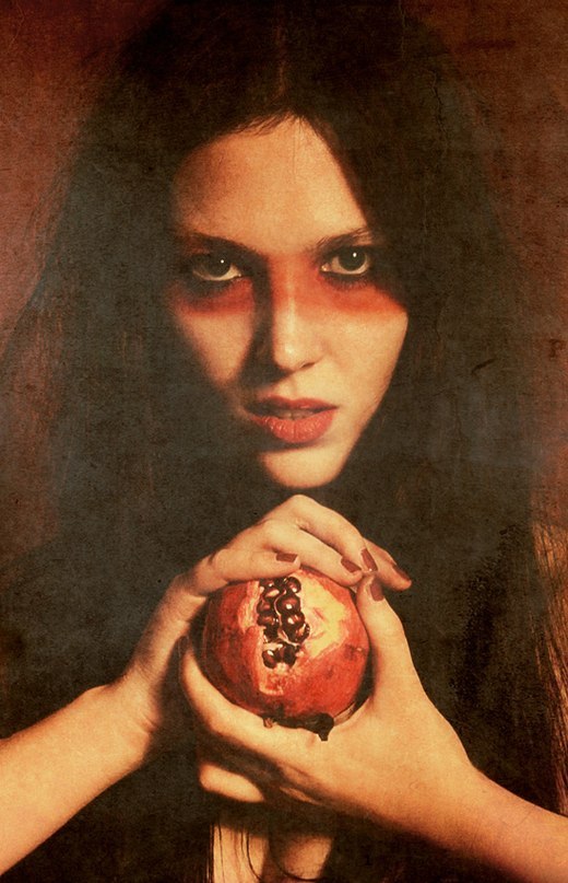 Woman with a pomegranate in the hands | portrait, model, woman, brunette, long hair , face, nails , fruit, pomegranate, picture