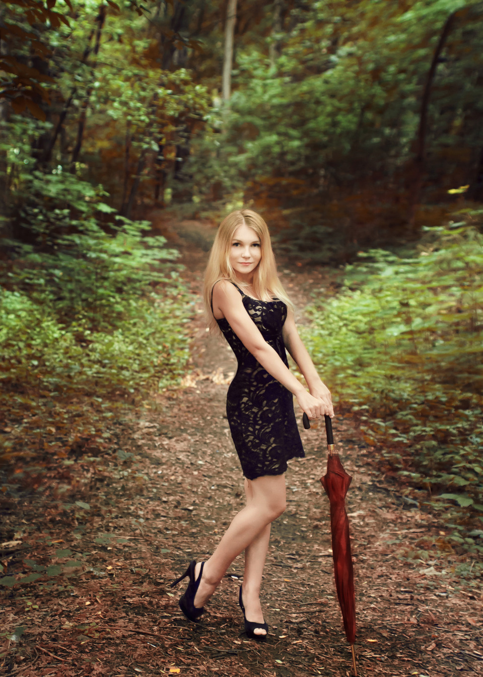 Girl with umbrella in the wood | wood, umbrella, path, fallen leafs