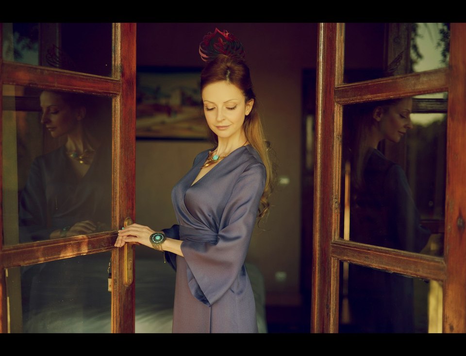 Elegant woman | portrait, model, woman, door, long hair, blue dress, room, elegant