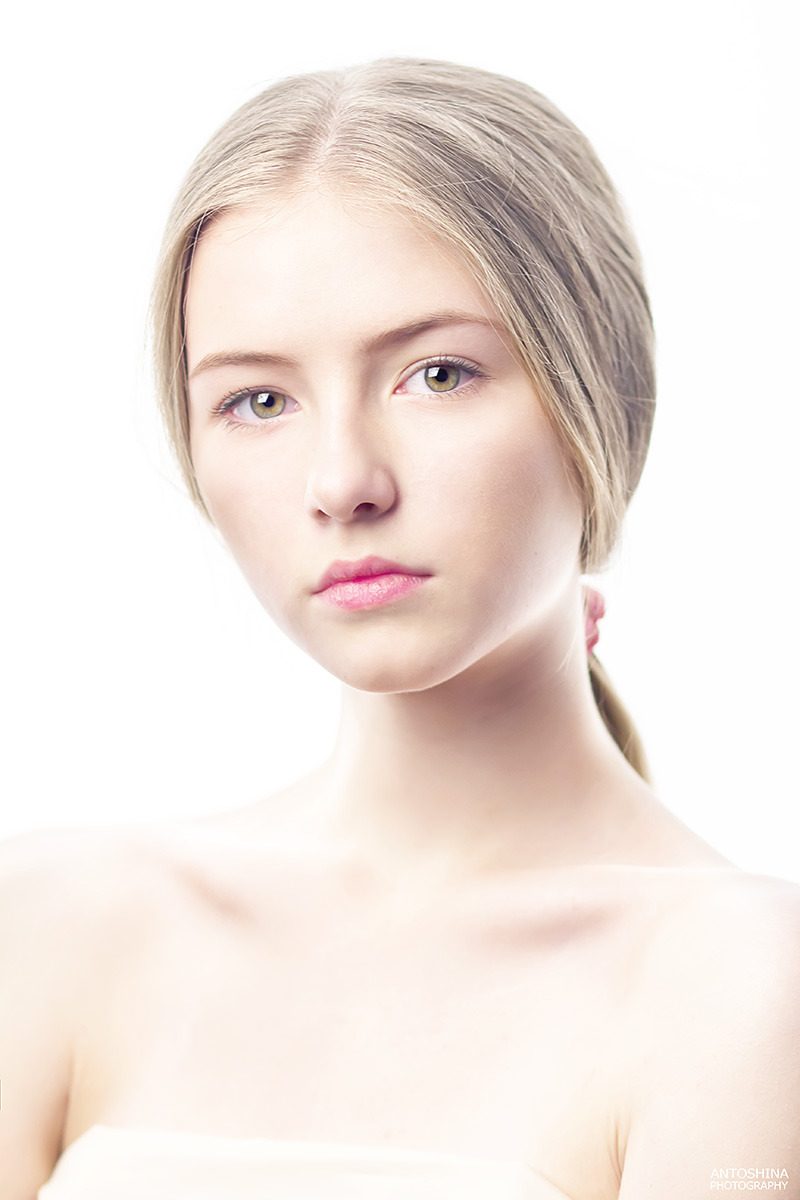 Innocent girl | portrait, model, girl, blonde, full-face portrait, white background, ponytail, bare-faced, naked, innocent