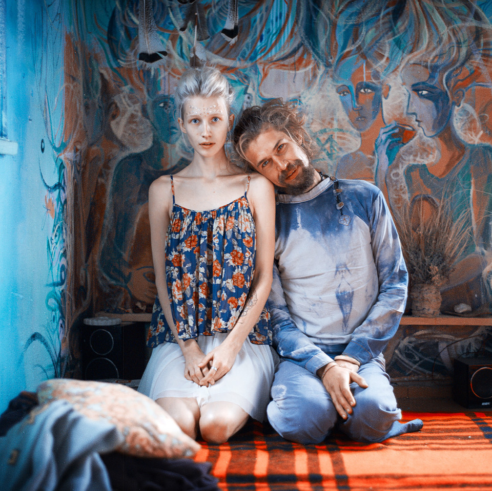 Man and his muse | portrait, models, girl, blonde, man, beard, colourful, picture, muse, make-up