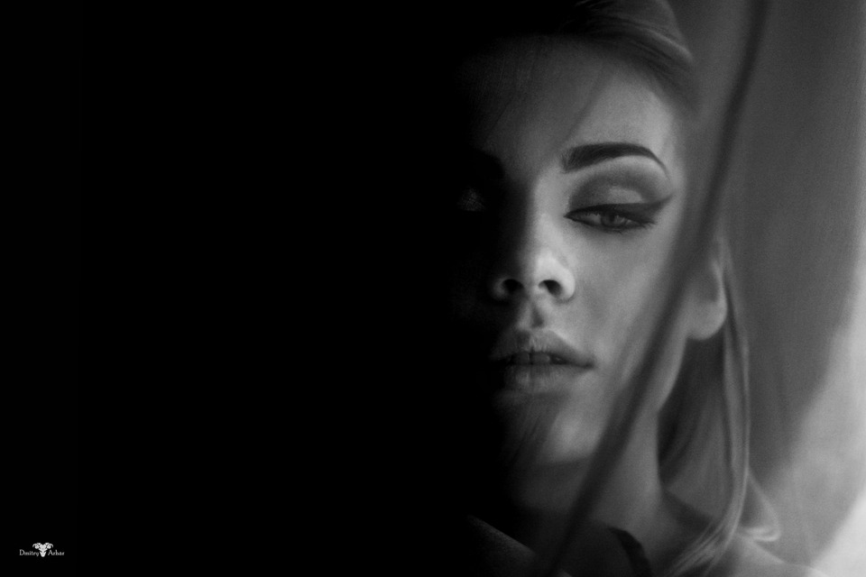 Full-face portrait. Black & white | black & white, curtain, darkness, shade