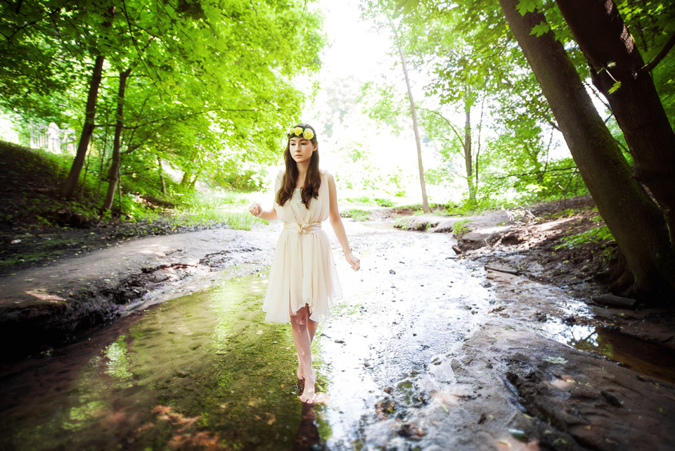 Chinese girl walking barefoot along the river | barefoot, river, fores, sky, sunlight, shore