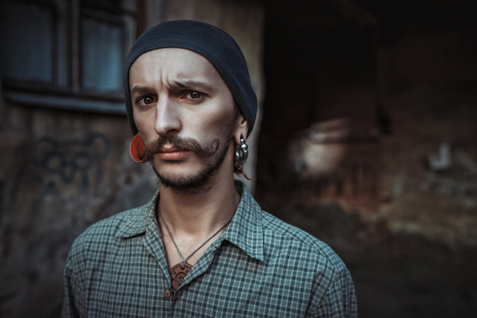 Huge whiskers and ear tunnels  | ear tunnel, whiskers, environmental portrait, strash, steampunk