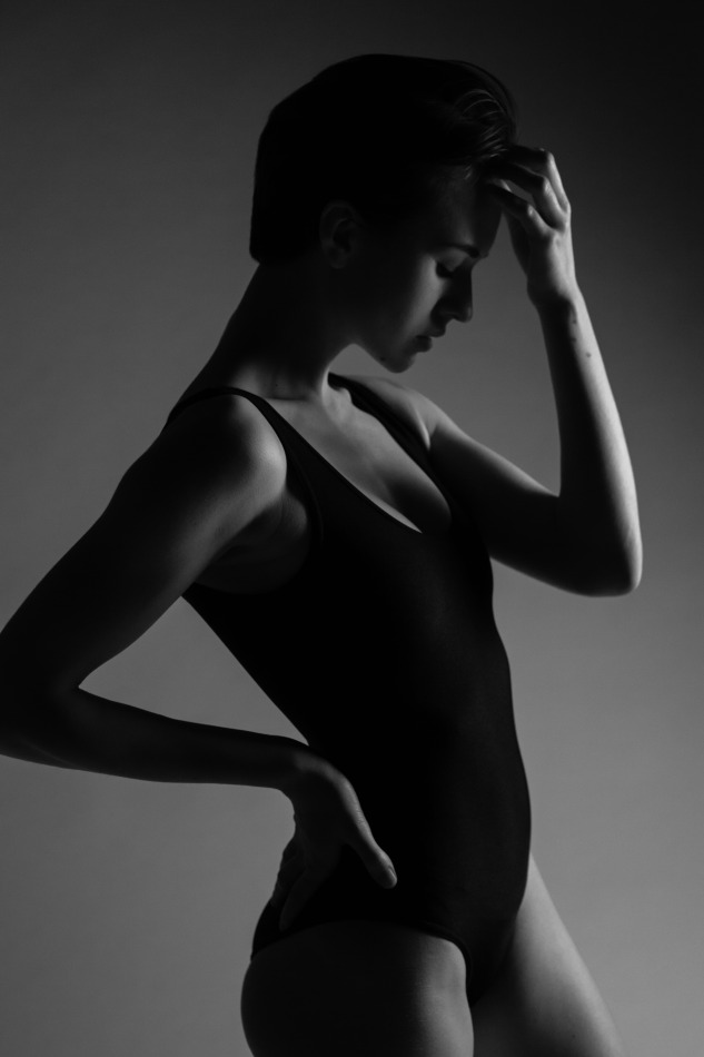 Girl with lean body in black swimsuit | portrait, model, short hair, girl, black, swimsuit, athlete, black & white, dark, lean body