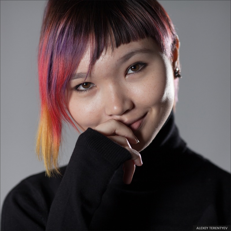 Cute girl | portrait, model, girl, colorful, natural, make-up, short hair, smile, Asian, black polo-neck